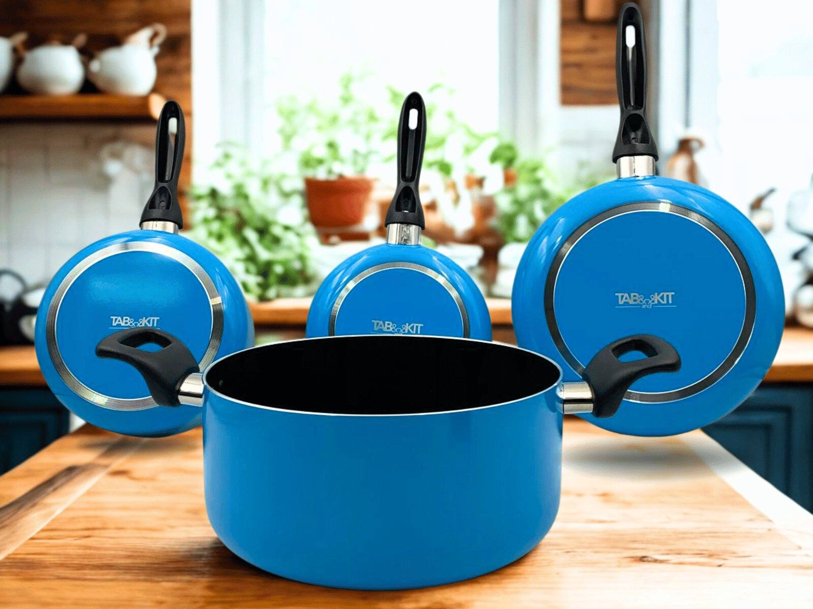 Batería de Cocina de 6 piezas 18 cm,  24 cm, 18 cm y 24 cm de Aluminio con Antiadherente Color Azul Tab and Kit TKAL035