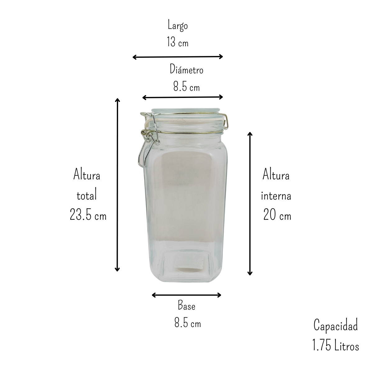 Frasco Brocal Cuadrado de Vidrio 1.75 Litros con Tapa Hermética con Broche Jemaflex