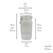 Frasco Brocal Cuadrado de Vidrio 1.75 Litros con Tapa Hermética con Broche Jemaflex