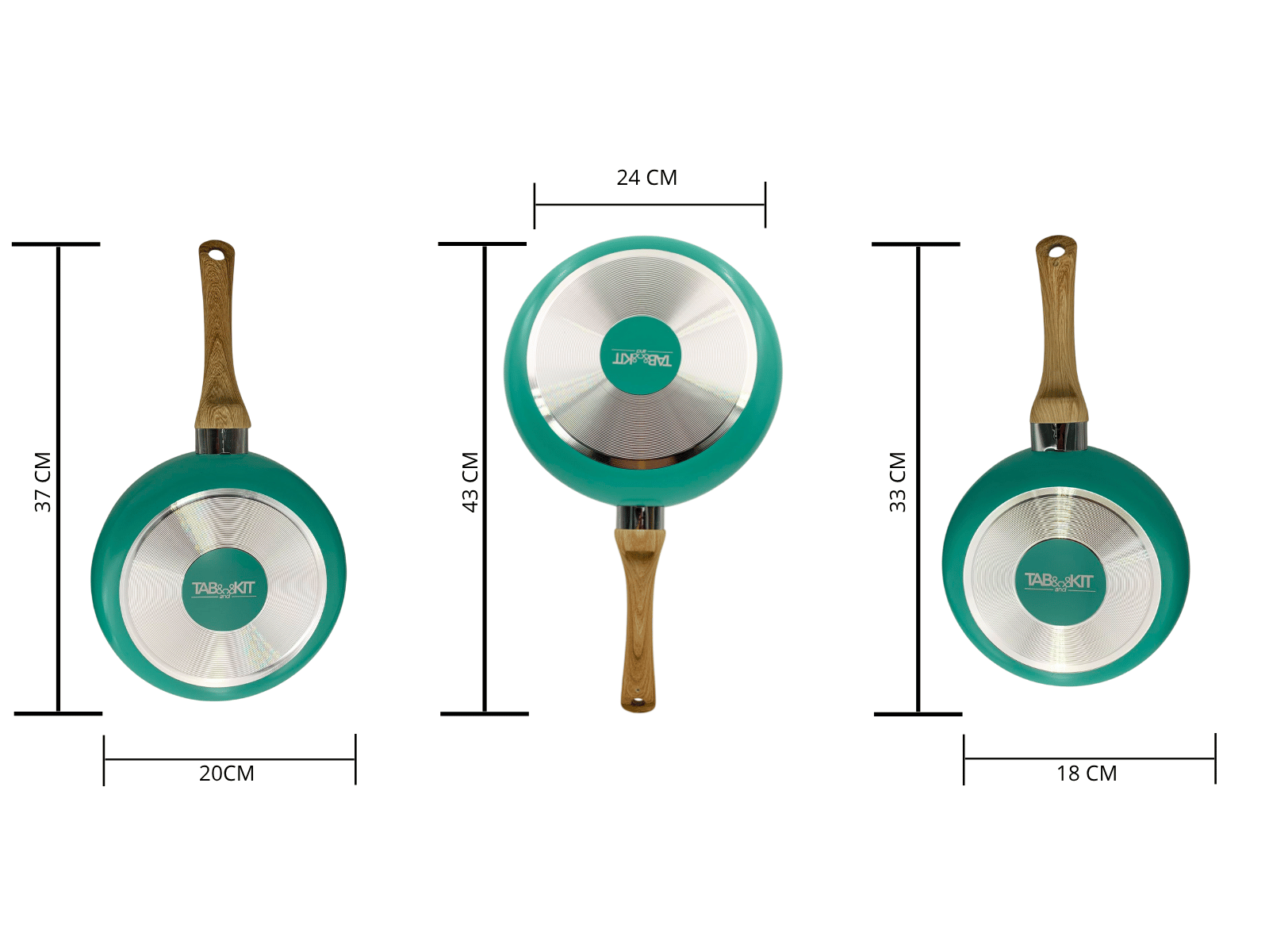 Juego 3 Sartenes 18 cm, 20 cm y 24 cm de Aluminio con Antiadherente Color Verde Turquesa Tab and Kit TKAL031