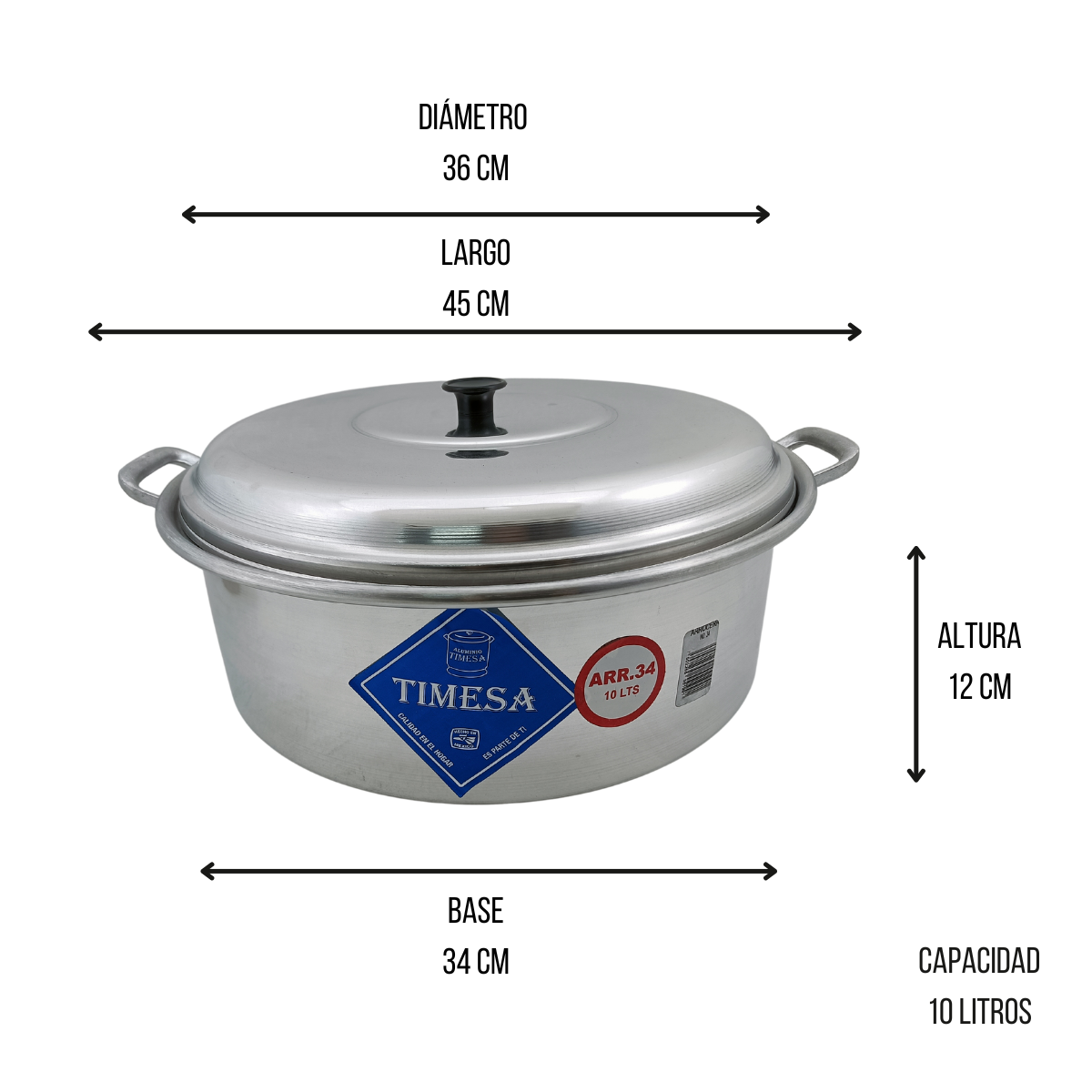 Cacerola Arrocera con Tapa y Asas Mediana de Aluminio 10 Litros 34 cm Plata 551991 Timesa