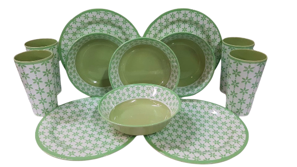 Vajilla de Melamina Redonda Resistente Bambú Verde de 12 piezas