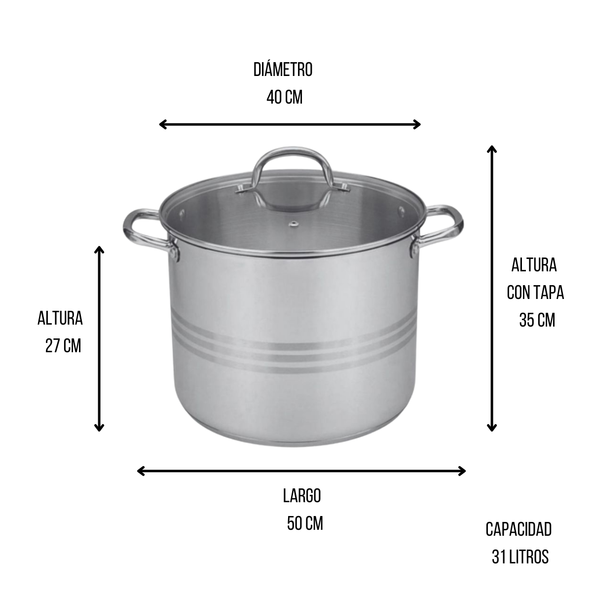 Olla Alta Grande de Acero Inoxidable con Tapa de 31 Litros de 40 cm TKS021 Tab and Kit
