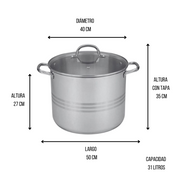 Olla Alta Grande de Acero Inoxidable con Tapa de 31 Litros de 40 cm TKS021 Tab and Kit