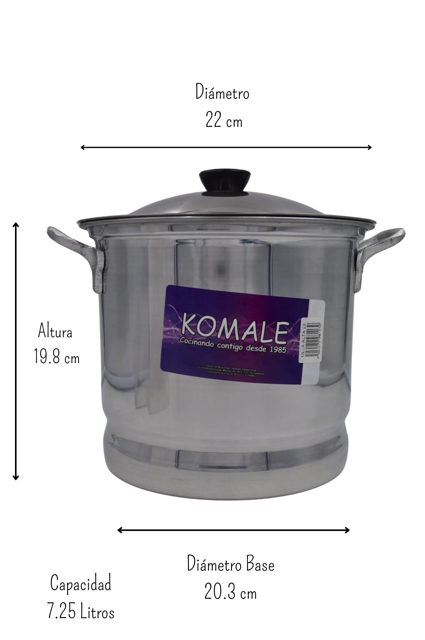 Olla Chica Alta 22 cm 7.25 Litros de Aluminio con Tapa y Asa Komale HORECA