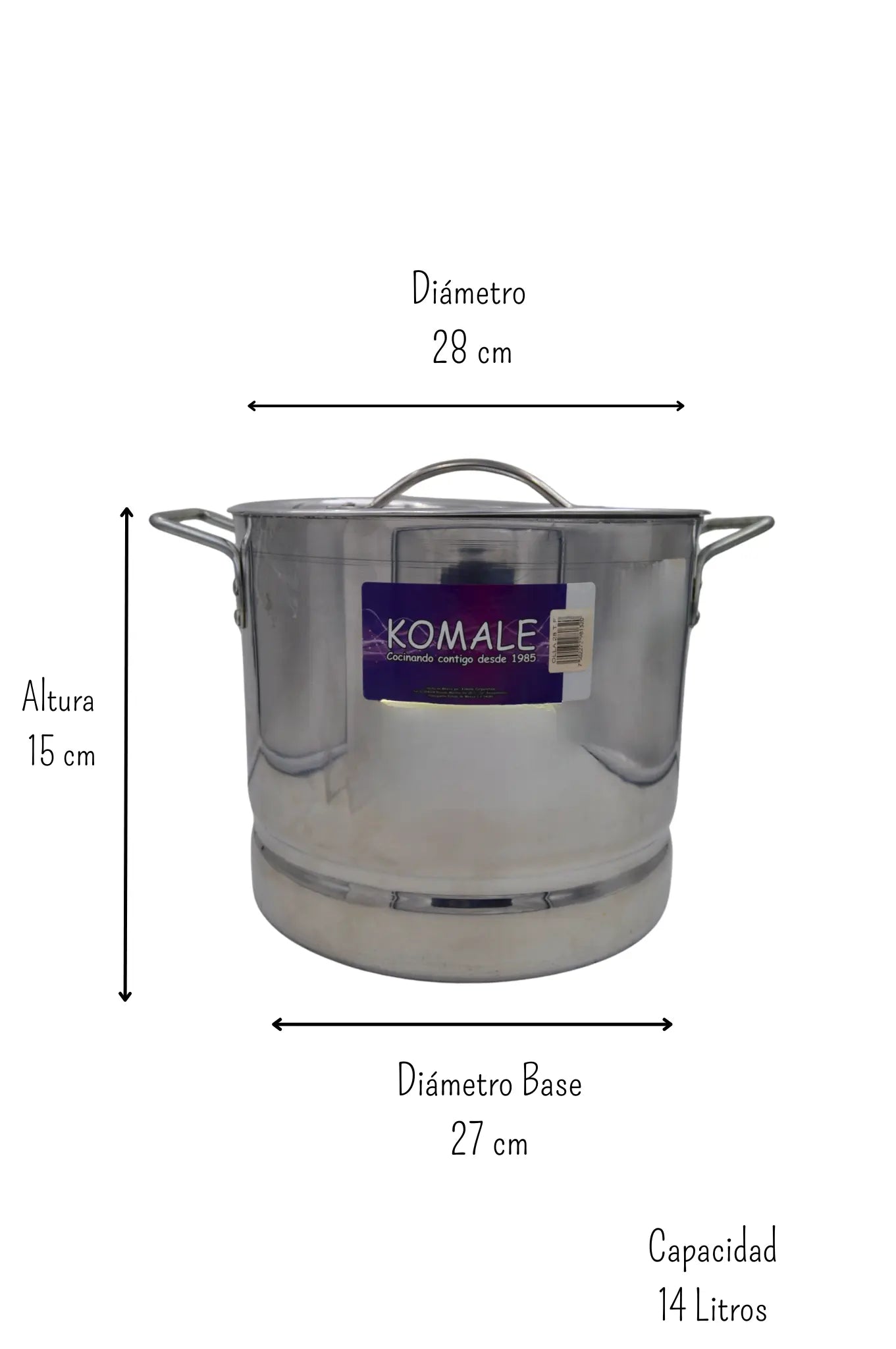 Olla Chica Alta 28 cm 14 Litros de Aluminio Triple Fuerte con Tapa y Asa Komale HORECA