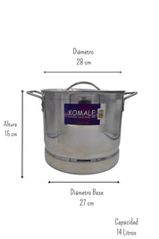Olla Chica Alta 28 cm 14 Litros de Aluminio Triple Fuerte con Tapa y Asa Komale HORECA