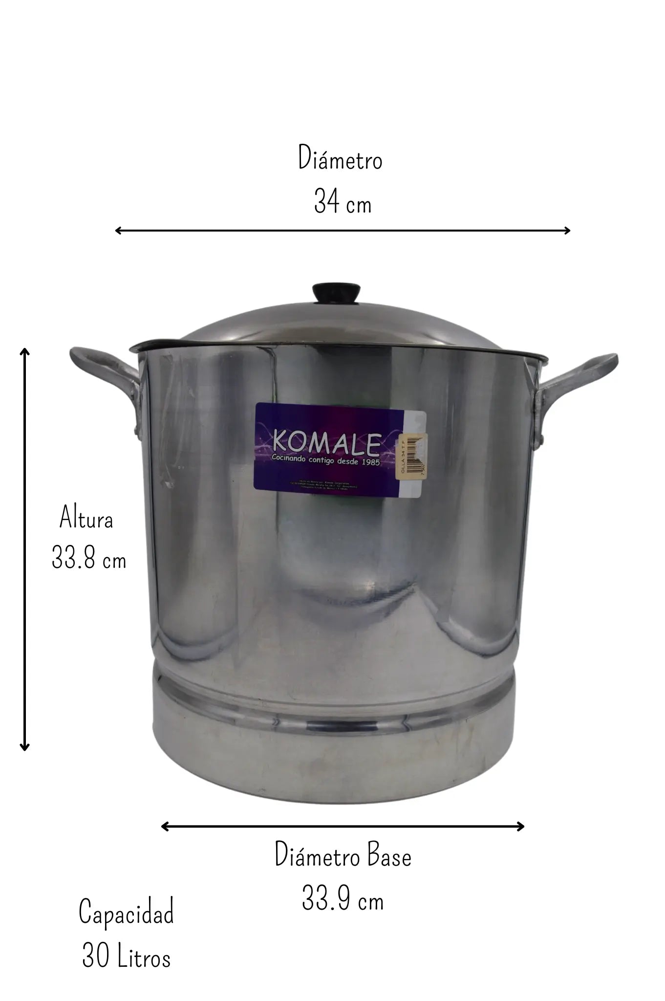 Olla Grande Alta 34 cm 30 Litros de Aluminio Triple Fuerte con Tapa y Asa Komale HORECA