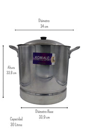 Olla Grande Alta 34 cm 30 Litros de Aluminio Triple Fuerte con Tapa y Asa Komale HORECA