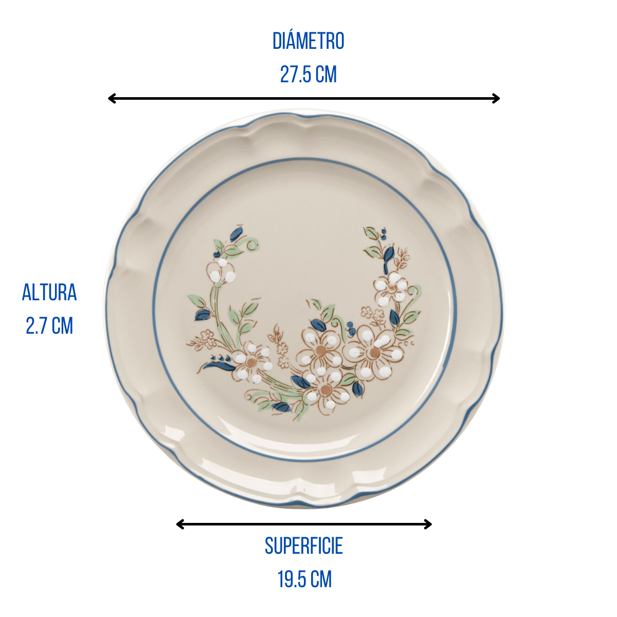 Plato Trinche Grande Clásico Elegante de 27.5 cm de Loza tipo Cerámica Victoria Santa Anita