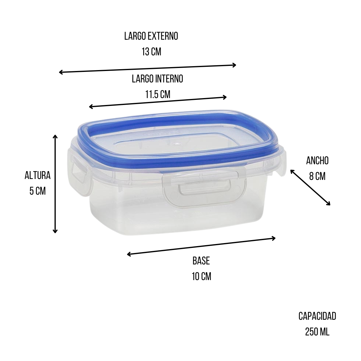 Recipiente Chico Rectangular 250 ml Hermético de Plástico con Tapa Super Sello 1559 Cubasa