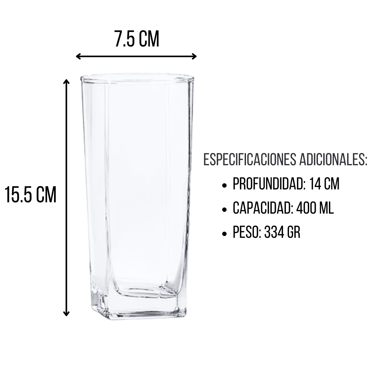 Vaso de 400 ml Cuadrado Elegante Jaibolero de Vidrio tipo Cristal City Libbey
