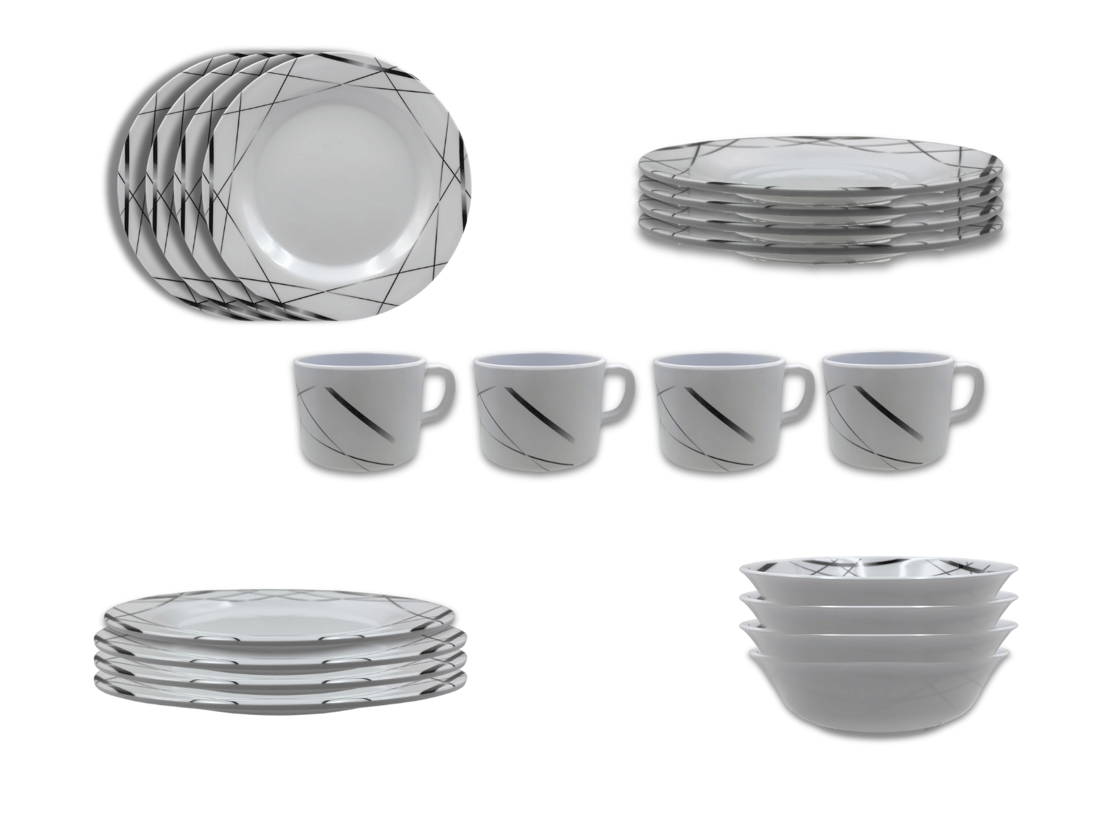 Vajilla Elegante de 20 piezas de Melamina Resistente tipo Plástico Líneas Gris Oscuro TKM119 Tab and Kit