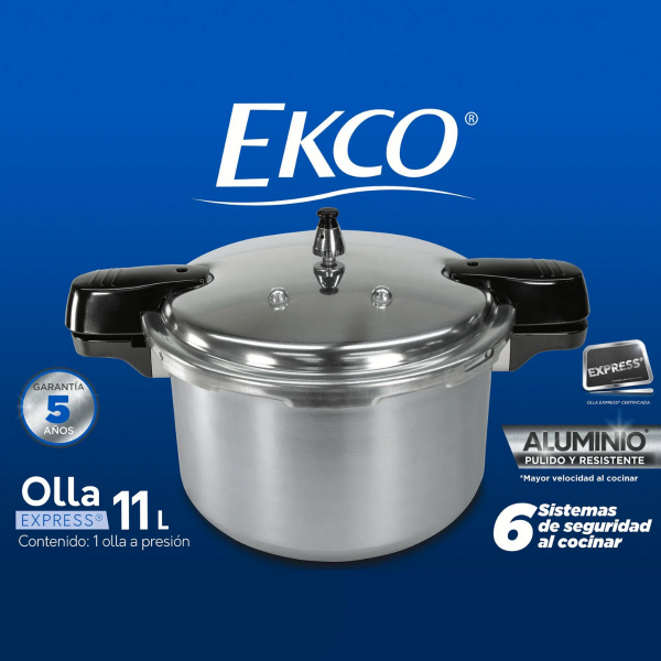 Olla de Presión Express de Aluminio 11 Litros con Rejilla 6 sistemas de Seguridad Ekco 38731