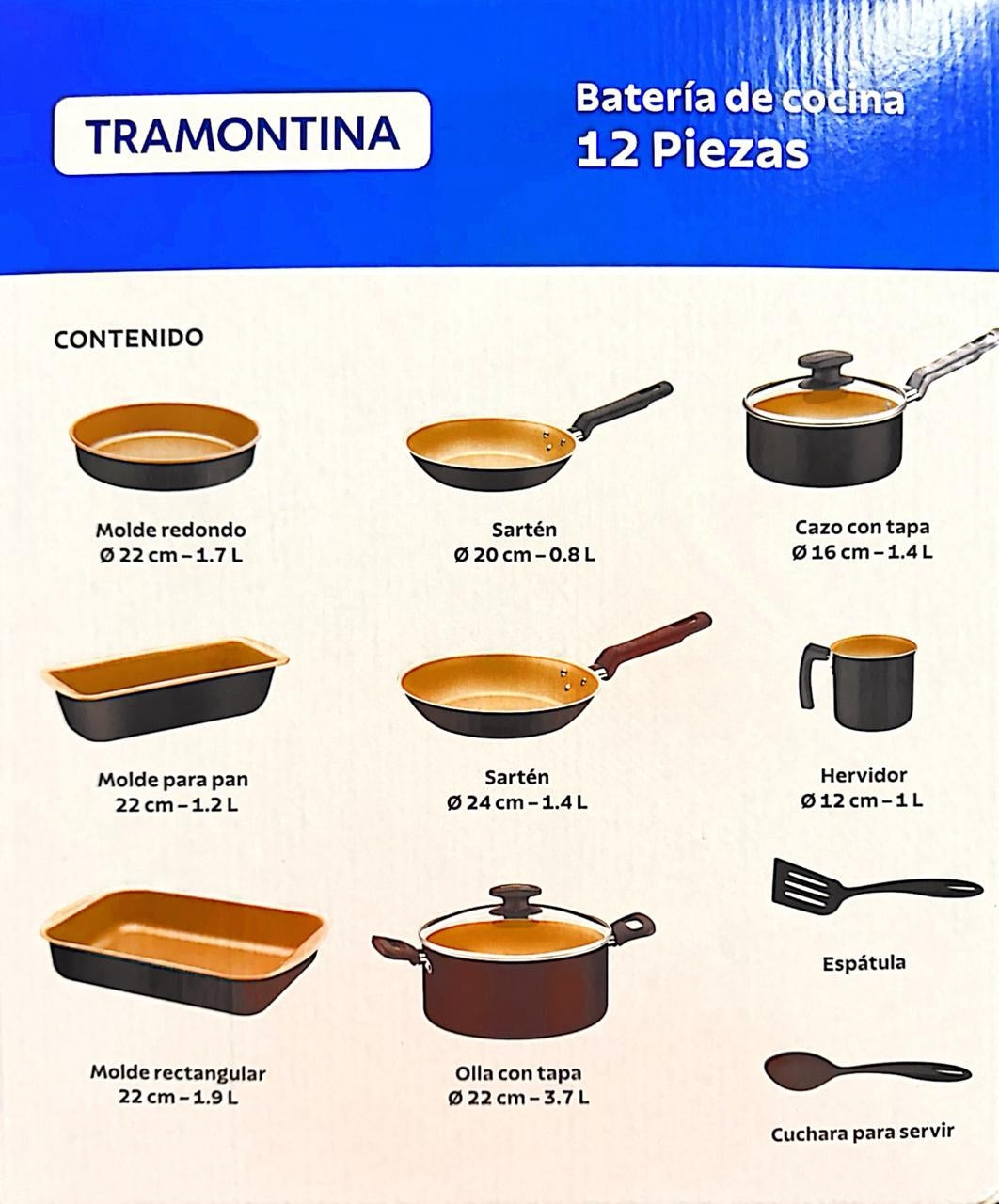 Batería de Cocina de 12 Piezas de Aluminio Negra con Café 27899484 Tramontina