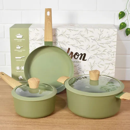Batería de Cocina de Aluminio de 5 piezas Inducción con Tapas de Silicona Olive OLI01 Hudson