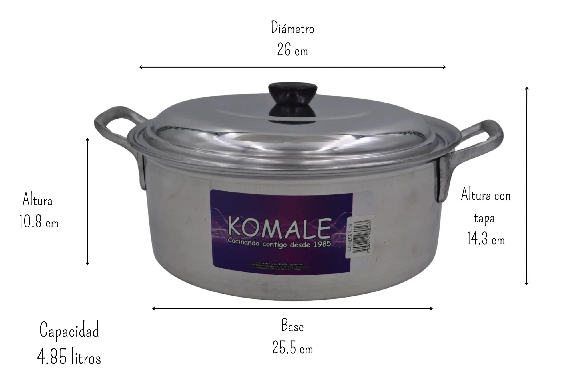 Cacerola Budinera Arrocera 26 cm de 4.85 Litros de Aluminio Komale 980163 HORECA