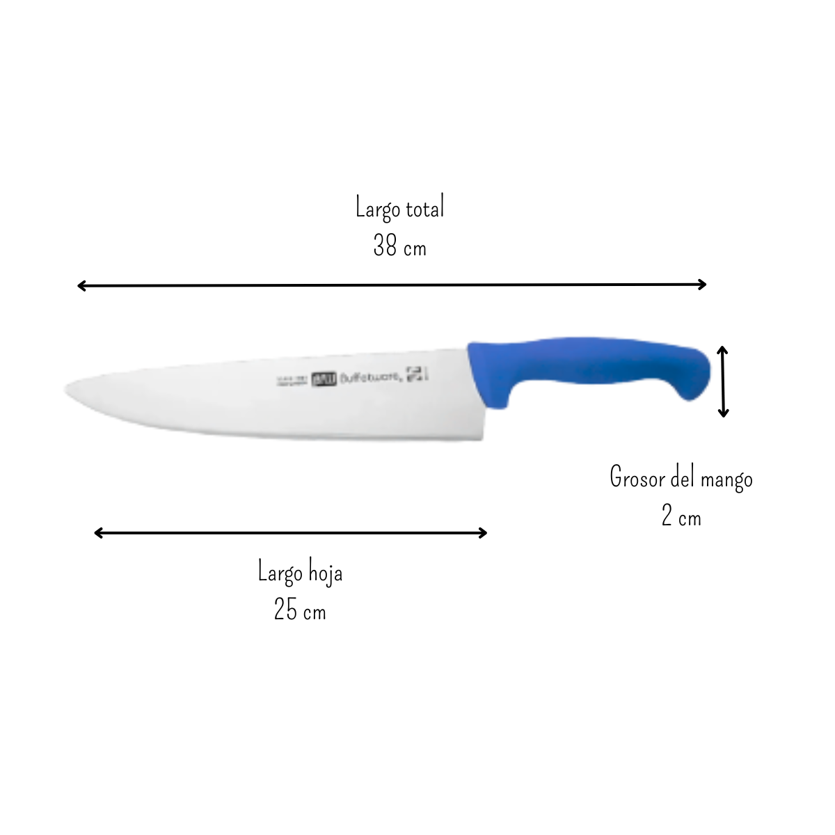 Cuchillo Chef de 25 cm 10'' de Acero Inoxidable y Mango Azul BO410A Buffetware