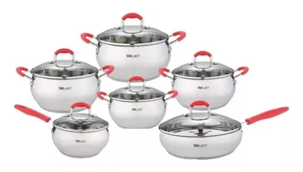 Batería de Cocina para Inducción 12 piezas de Acero Inoxidable Plata Roja Tab and Kit