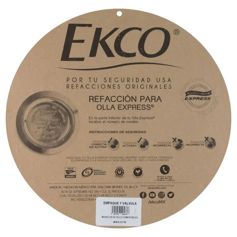 Empaque y Válvula para Olla Express Refacciones de 4 lt 6 lt 8 lt 95376 Ekco