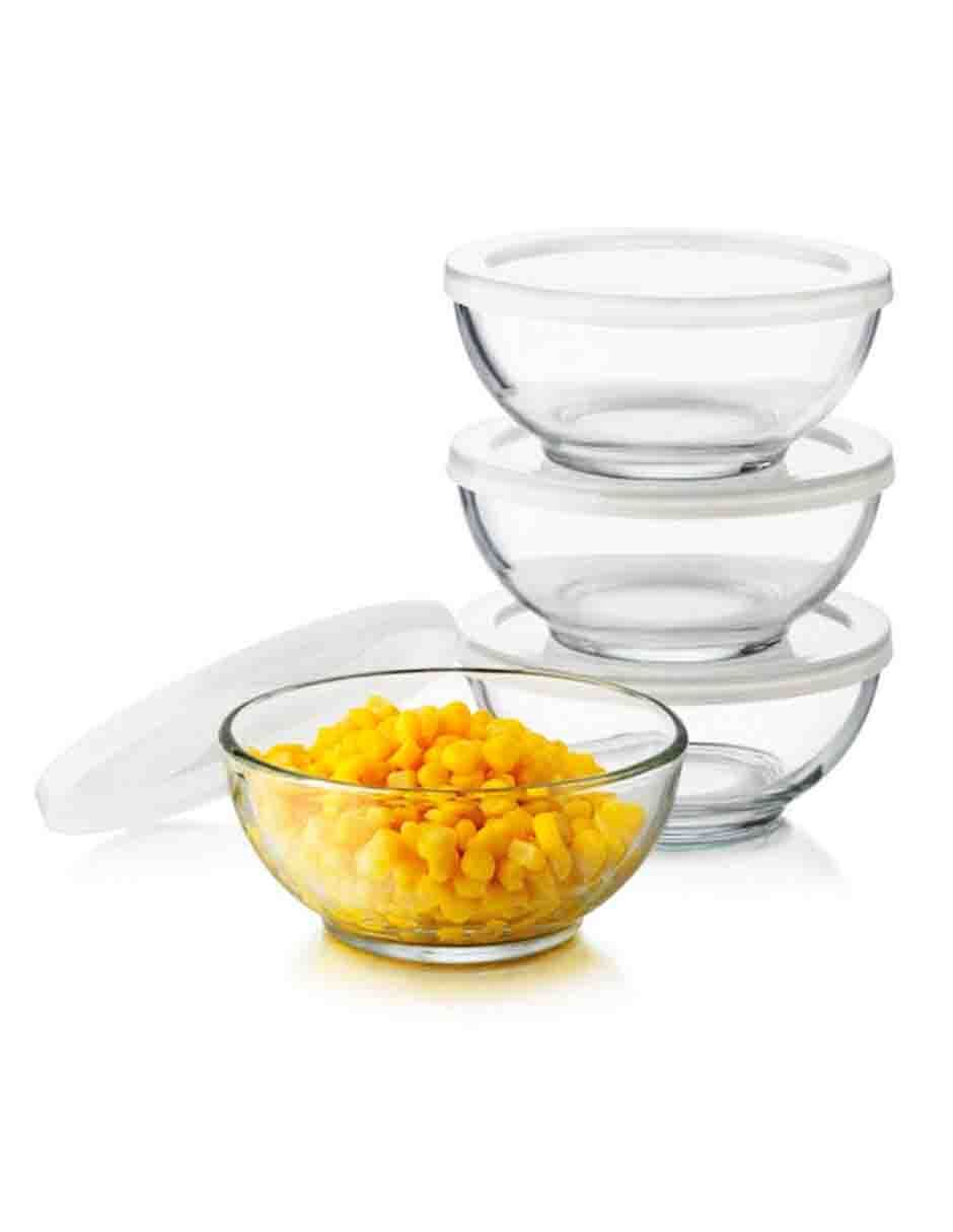 Juego de 4 Recipientes de Vidrio Tipo Bowl con Tapa de Plástico 435 ml Lunita Libbey