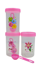 Juego de 3 Recipientes Chicos Redondos de Plástico 150 ml con Tapa y Cuchara Flores Tab and Kit