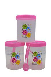 Juego de 3 Recipientes Chicos Redondos de Plástico 595 ml con Tapa y Cuchara Flores Tab and Kit