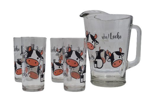Juego de Jarra con 4 Vasos de Vidrio Resistente Divertido Modelo Vaca Crisa