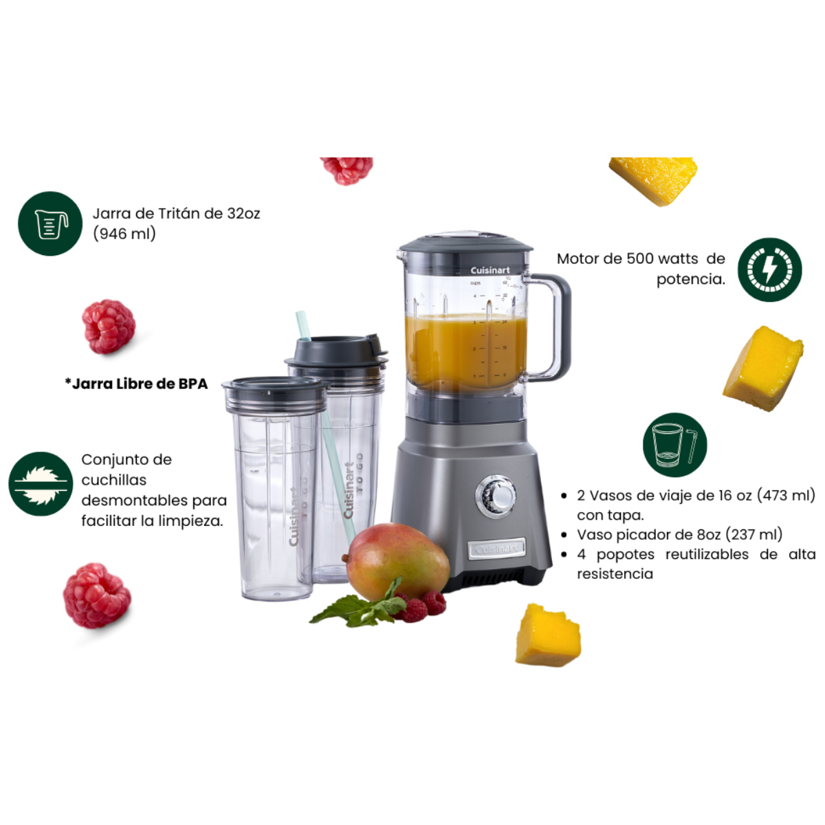 Licuadora compacta hurricane con accesorios Cuisinart CPB-380P1ES