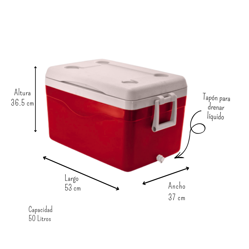 Hielera plástico portátil con válvula drenaje roja 50lts 70 latas AR016911