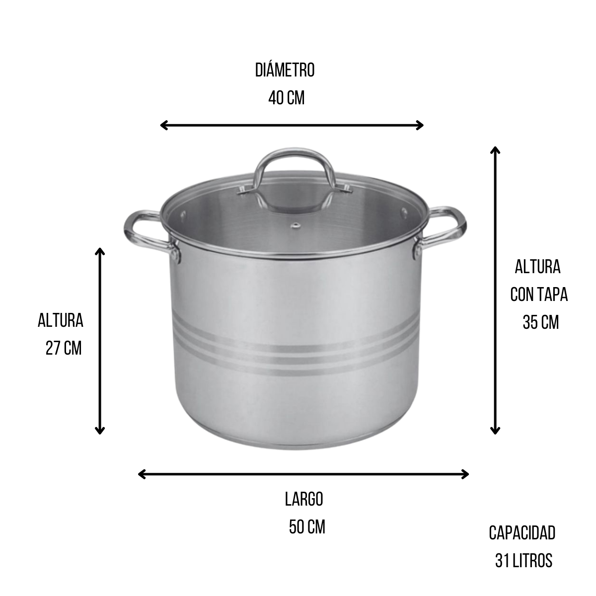 Olla Alta Grande de Acero Inoxidable con Tapa de 31 Litros 40 x 26 cm Tab and Kit