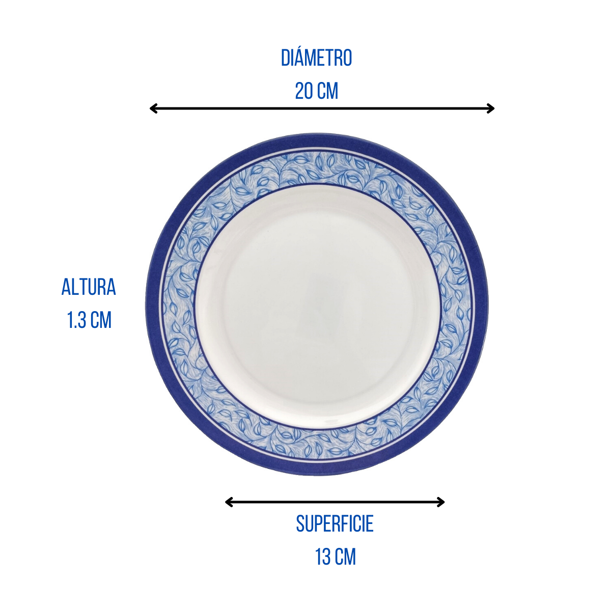 Plato redondo para pastel de melamina tipo plastico azul y blanco 20 cm
