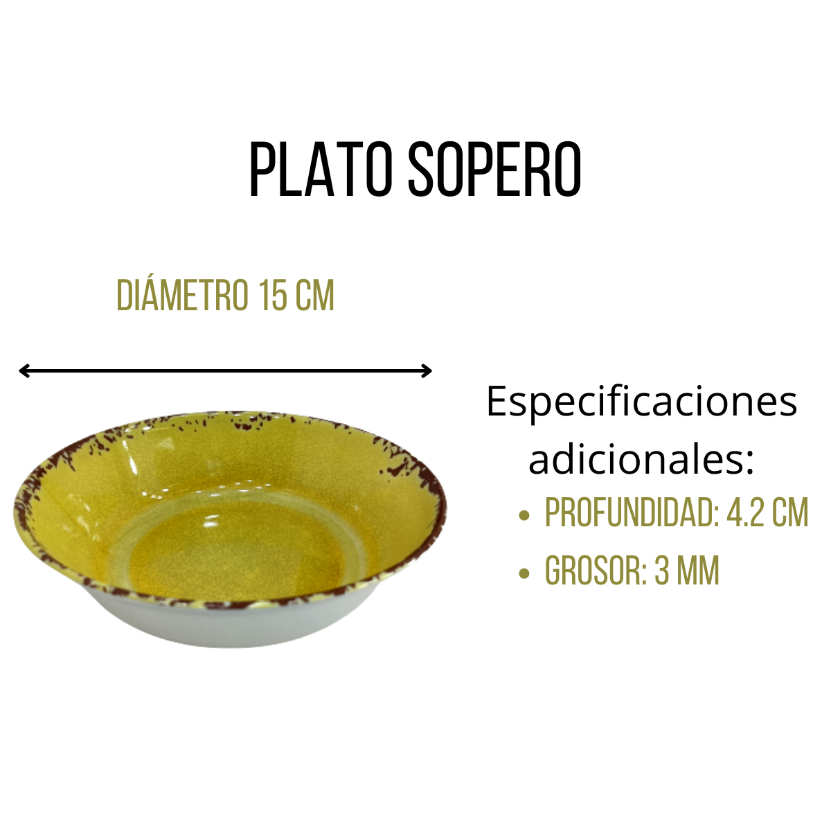 Plato pequeño para sopa 350 ml hecho de Melamina en color amarillo y bordes café. Tab and Kit