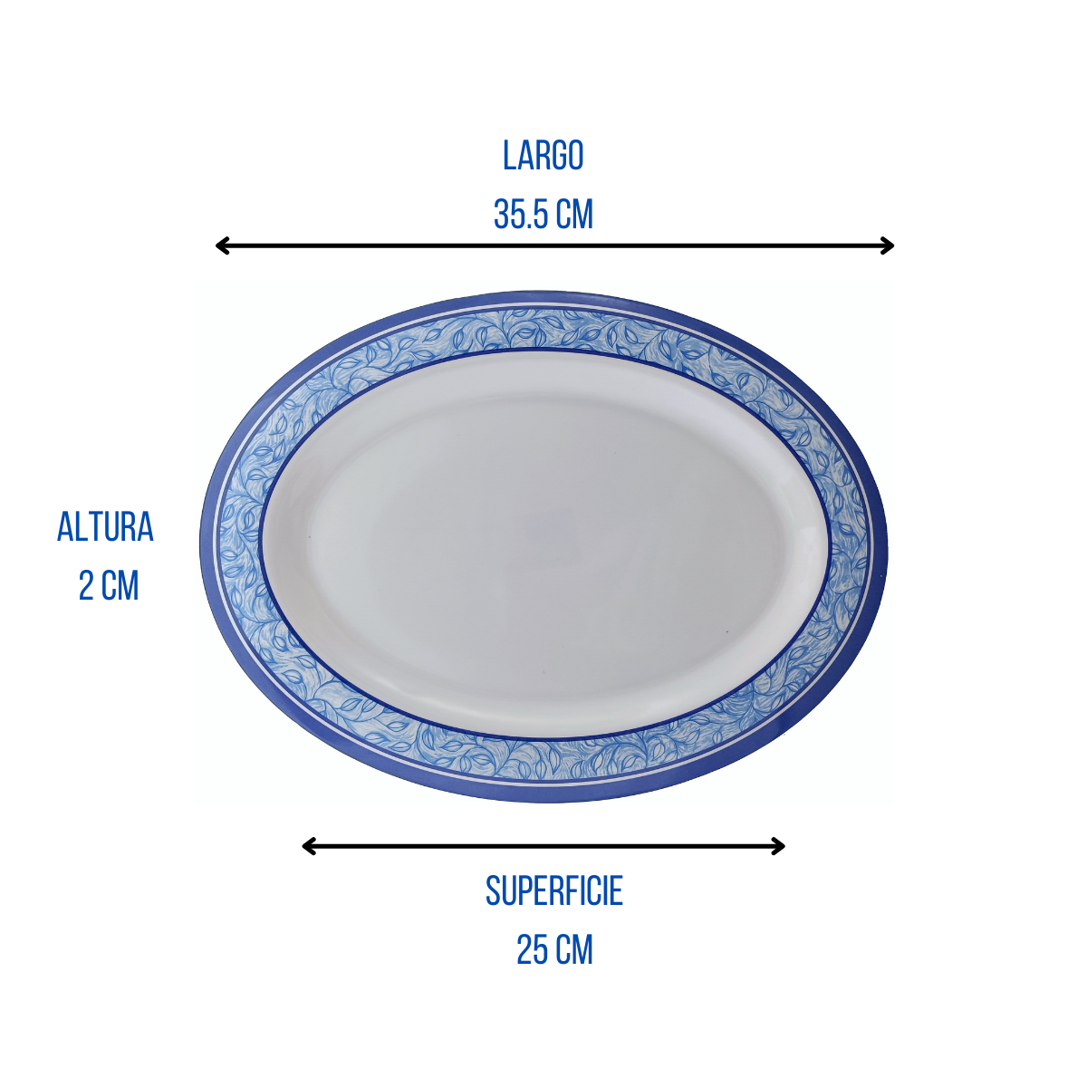 Platon Ovalado Tampiqueña con filo azul en melamina tipo plástico de 35 cm
