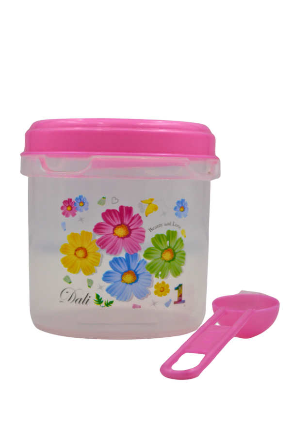 Juego de 3 Recipientes Chicos Redondos de Plástico 450 ml con Tapa y Cuchara Flores Tab and Kit