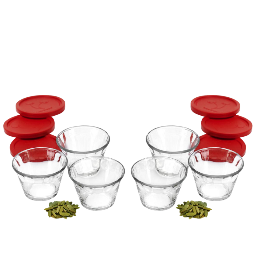 Set Juego de 6 Flaneras Chicas de 175 ml de Vidrio para Hornear con Tapa Roja Pyr O Rey