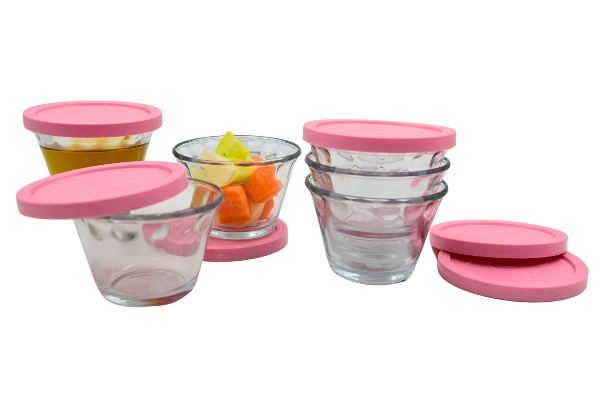 Set Juego de 6 Flaneras Chicas de 175 ml de Vidrio para Hornear con Tapa Rosa Pyr O Rey