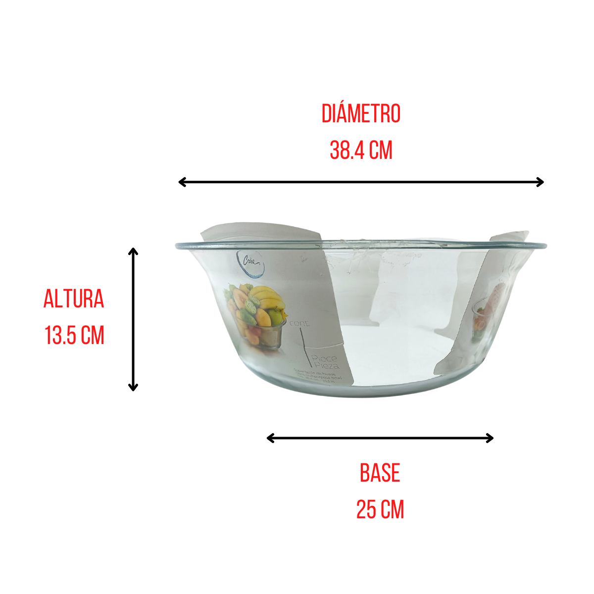 Tazón Bowl Refractario Multiusos de Vidrio Resistente de 10 Litros 38 cm Crisa