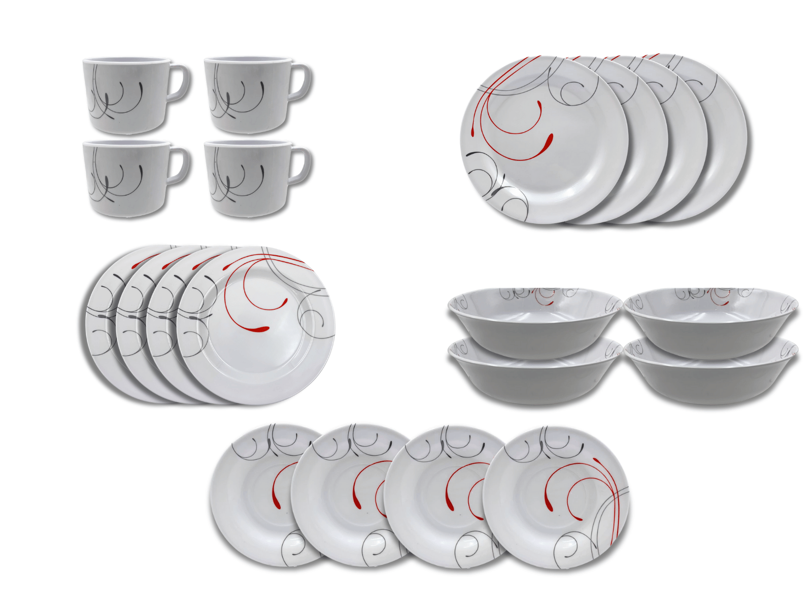 Vajilla Elegante de 20 piezas de Melamina Resistente tipo Plástico Líneas Rojas TKM111 Tab and Kit