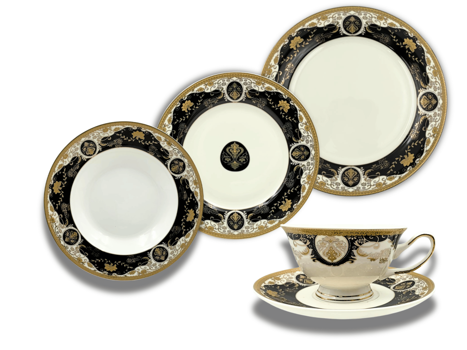 Vajilla Redonda Elegante de 20 piezas de Porcelana Color Negro con Dorado TKVP04 Tab and Kit