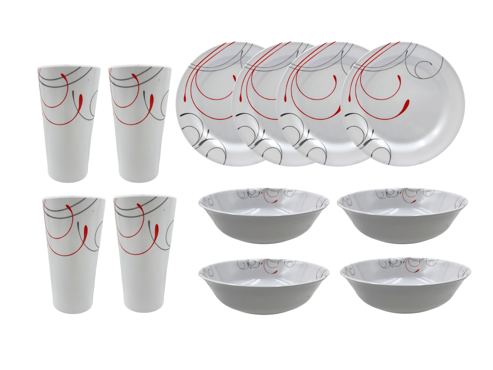 Vajilla Redonda con 12 piezas para 4 Personas de Melamina tipo Plástico Líneas Rojas Tab and Kit