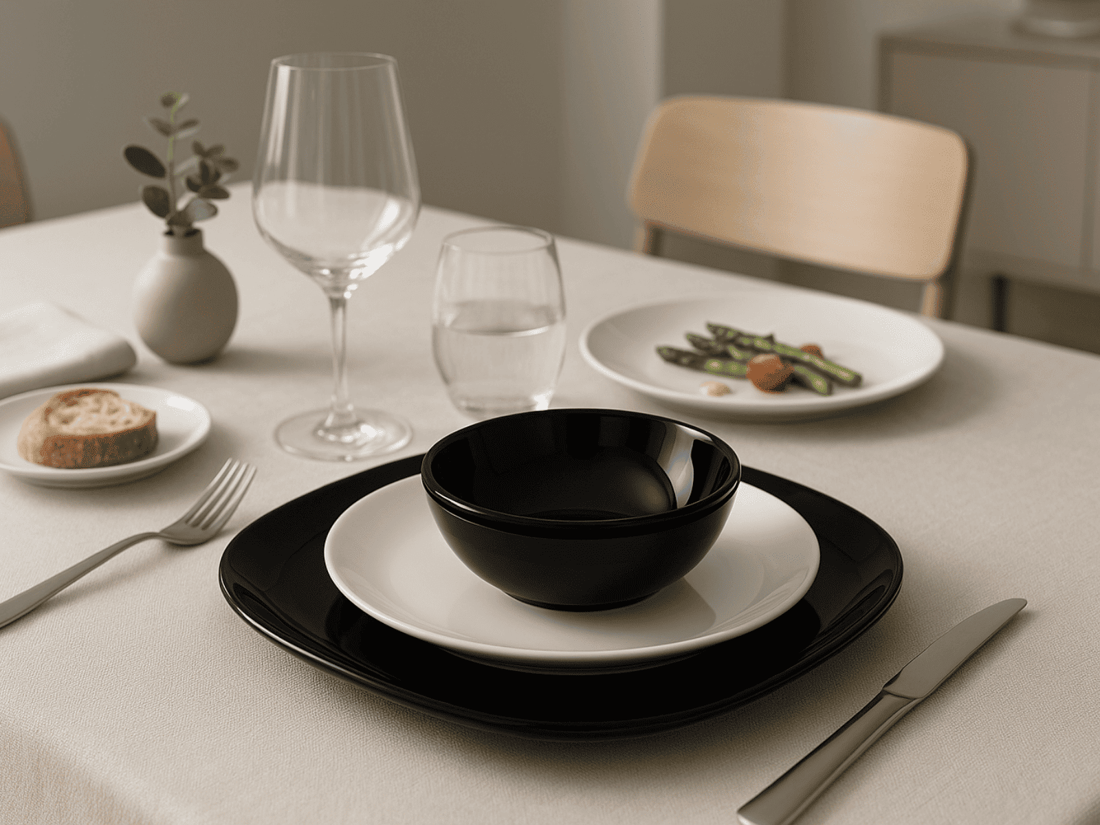 Vajilla de Vidrio Templado Opalino Cuadrada Elegante Dominó Negro y Blanco 12 piezas 4 personas iLuminarc