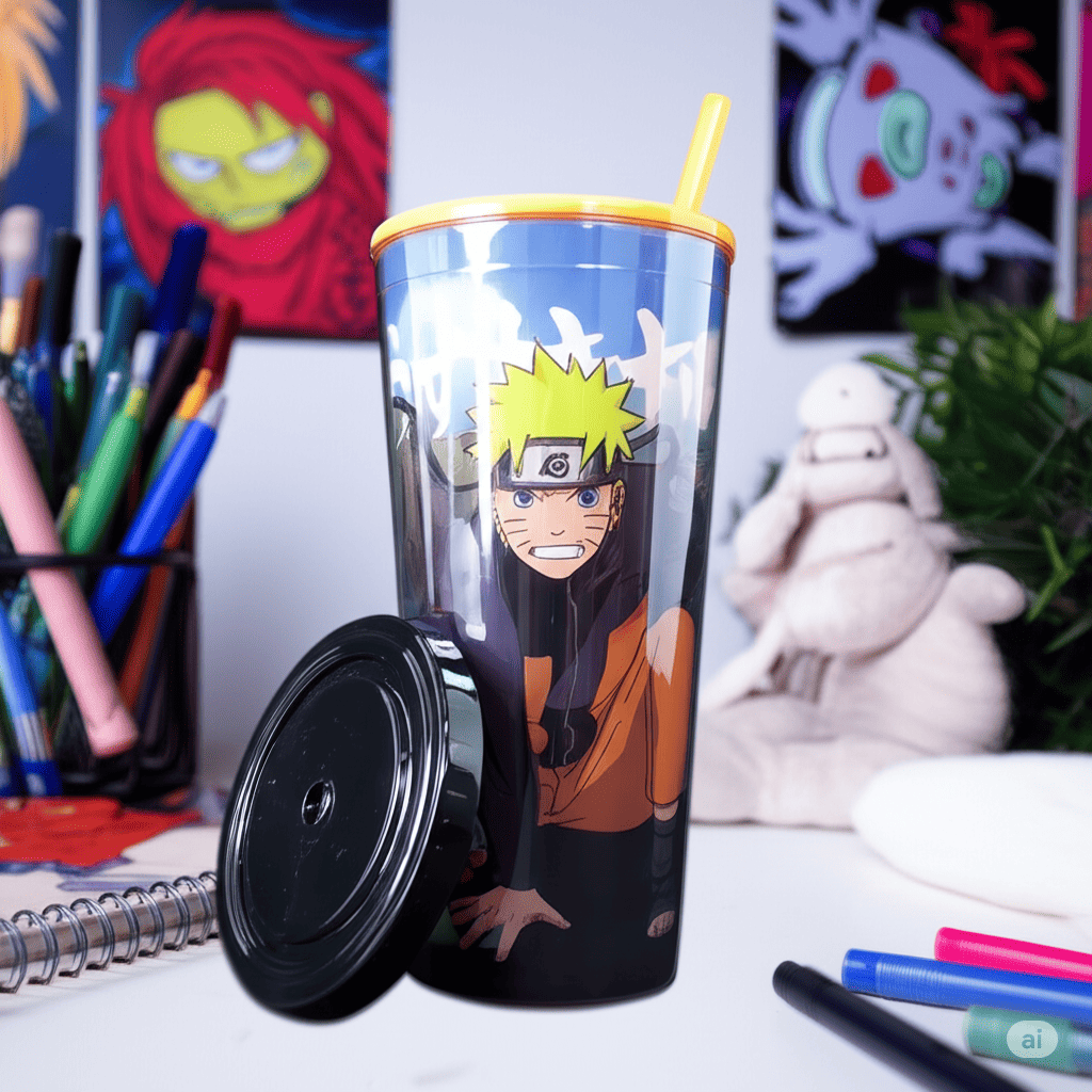Vaso de 710 ml de Plástico con Popote y Tapa Naruto Uzumaki Anime Licencia TT-NS-01