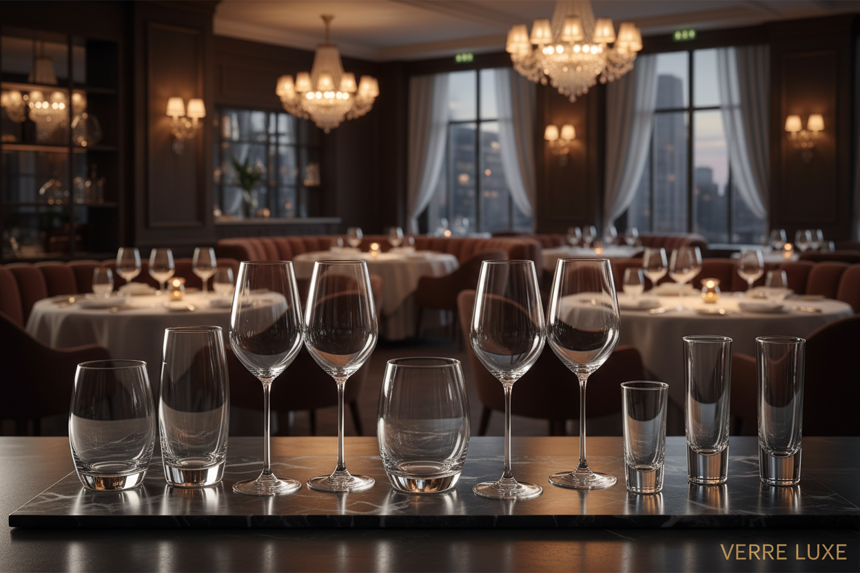 banner de cristaleria con vasos, copas y tequileros con un fondo de un restaurante elegante