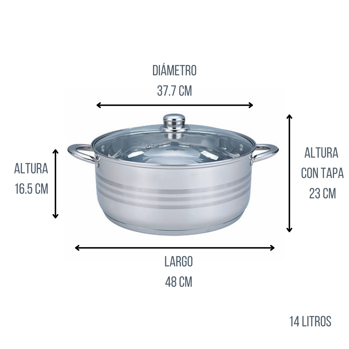 Cacerola de Acero inoxidable con Tapa de Vidrio 14 Litros 36 cm Tab and Kit