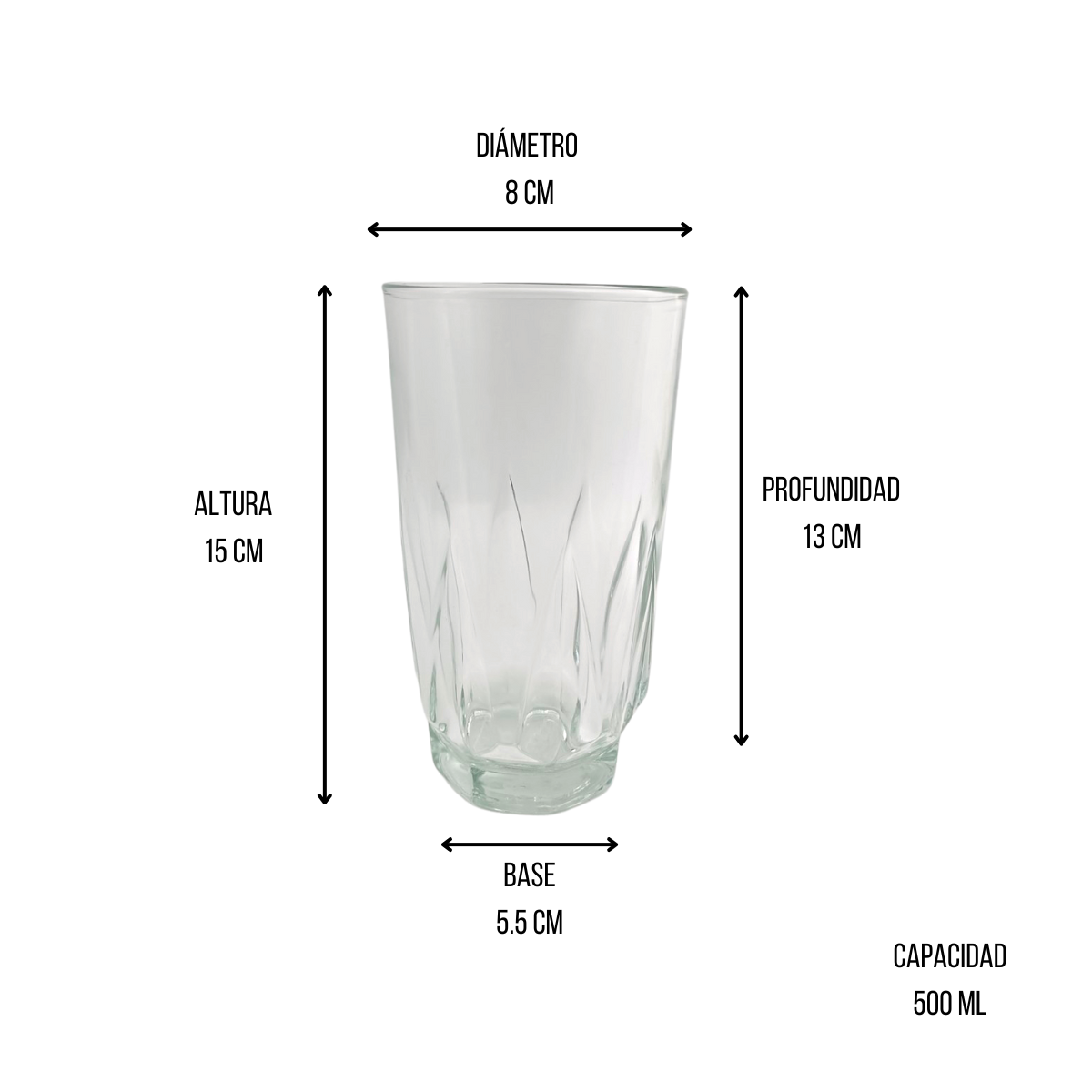 Vaso de vidrio jaibolero de 500 ml. Vidriería Santos